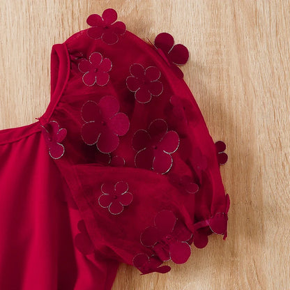 Summer Cute Girl Mesh Sleeves Round Neck Princess Dress Children's Wedding Birthday Party Girl Detachable Belt Red Fluffy Dress