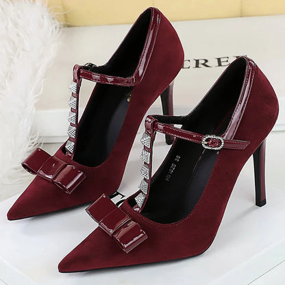 BIGTREE Shoes Rivet Women Pumps T-shaped Buckle High Heels Bowknot Stiletto Suede Women Pumps Buckle Sexy Party Shoes Women Heel