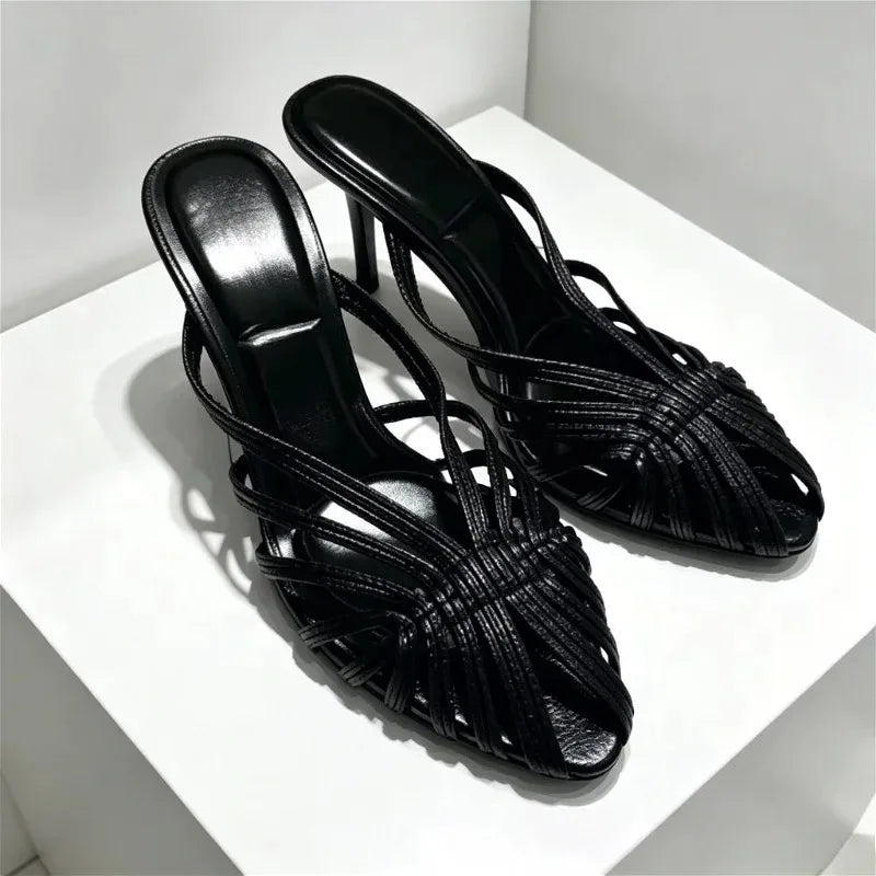Golden Hollow Muels Sandals Women Sexy Thin High Heels for Ladies Elegant Gladiator Sandals Summer Comfortable Women Slippers