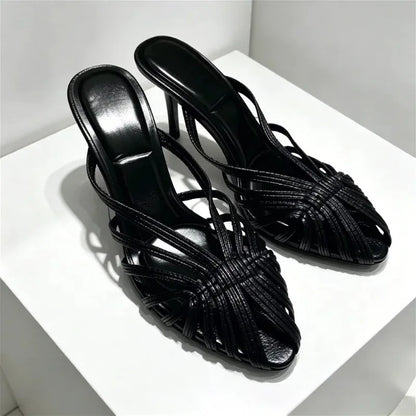 Golden Hollow Muels Sandals Women Sexy Thin High Heels for Ladies Elegant Gladiator Sandals Summer Comfortable Women Slippers