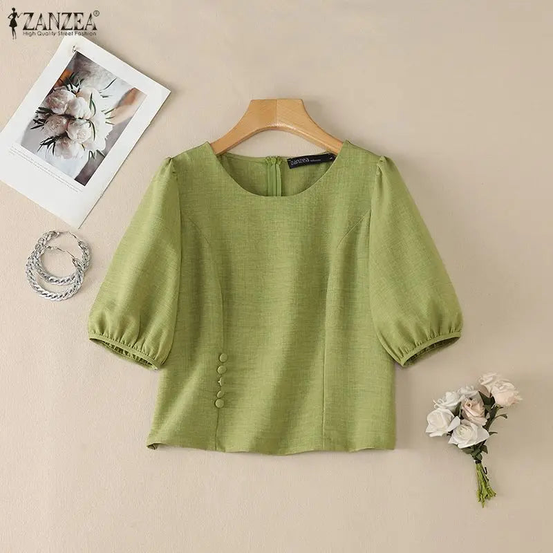 ZANZEA Summer Short Sleeve Tops Fashion Women Blouses Puff Sleeve Tee Streetwear OL Work Casual Blusas Oversize Tunic S-3XL
