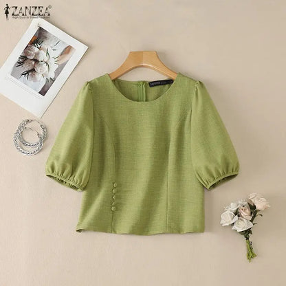 ZANZEA Summer Short Sleeve Tops Fashion Women Blouses Puff Sleeve Tee Streetwear OL Work Casual Blusas Oversize Tunic S-3XL