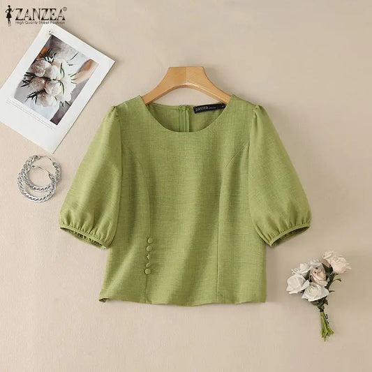 ZANZEA Summer Short Sleeve Tops Fashion Women Blouses Puff Sleeve Tee Streetwear OL Work Casual Blusas Oversize Tunic S-3XL