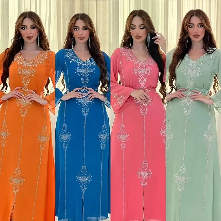 Customized Eid Jalabiya Muslim Abaya Party Dress for Women Arab Diamond Lace-up Abayas Long Dresses Robe Woman Elegant Ramadan V