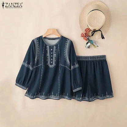 ZANZEA Women 2 Pieces Matching Short Sets 3/4 Puff Sleeve Blouses & Elastic Waist Shorts Suits Summer Vacation Ethnic Print Sets