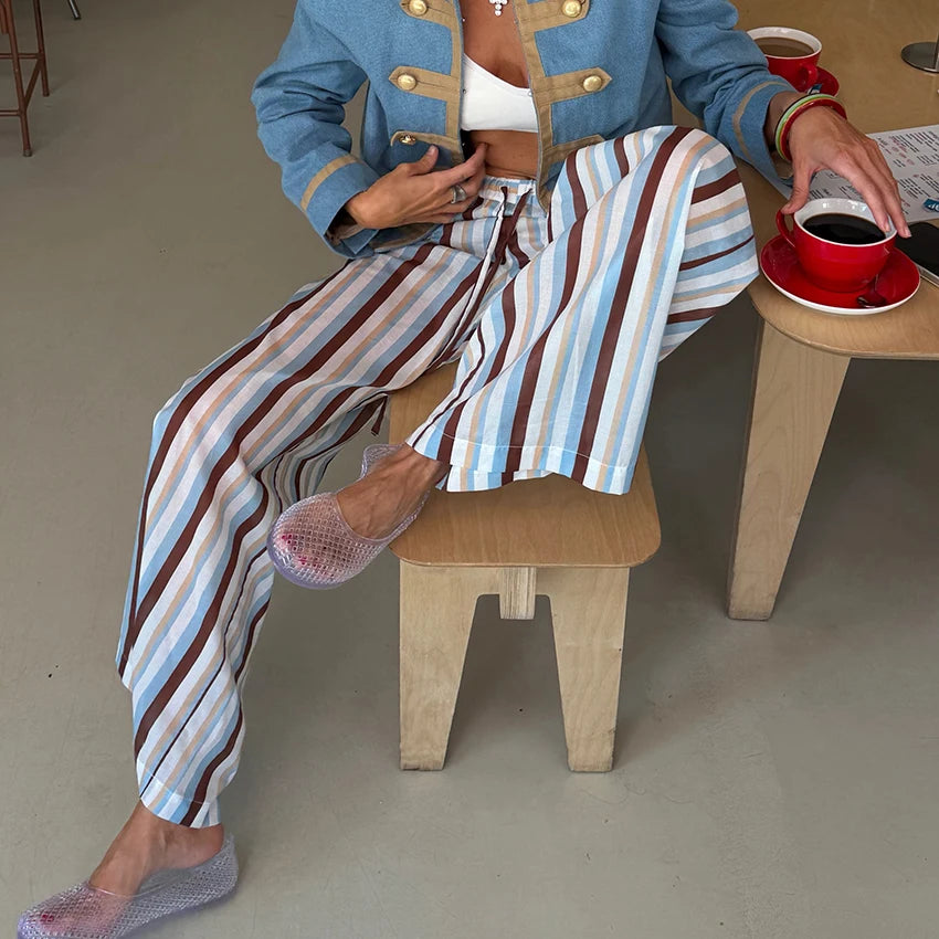 Linad Vintage Loose Stripe Drawstring Trousers Street Chic Long Pants For Woman 2026 Casual Print Wide Leg Pants With Pockets
