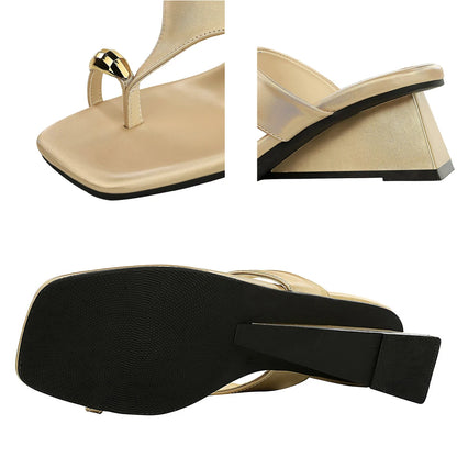 BIGTREE Shoes Wedge Heels Women Shoes Metal Buckle Square Head Flip-flops Summer Women's Sandals Satin Women Pumps Fashion