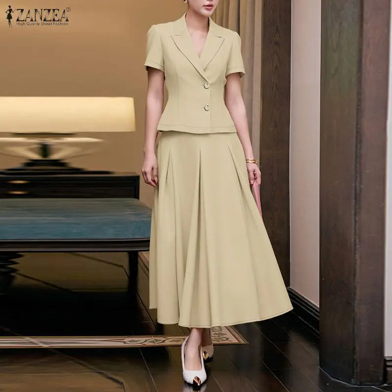 ZANZEA Summer Office 2 Piece Sets Women Outfits 2026 Elegant Lapel Neck Short Sleeve Shirt Dress Suit Stylish OL Work Skirt Sets