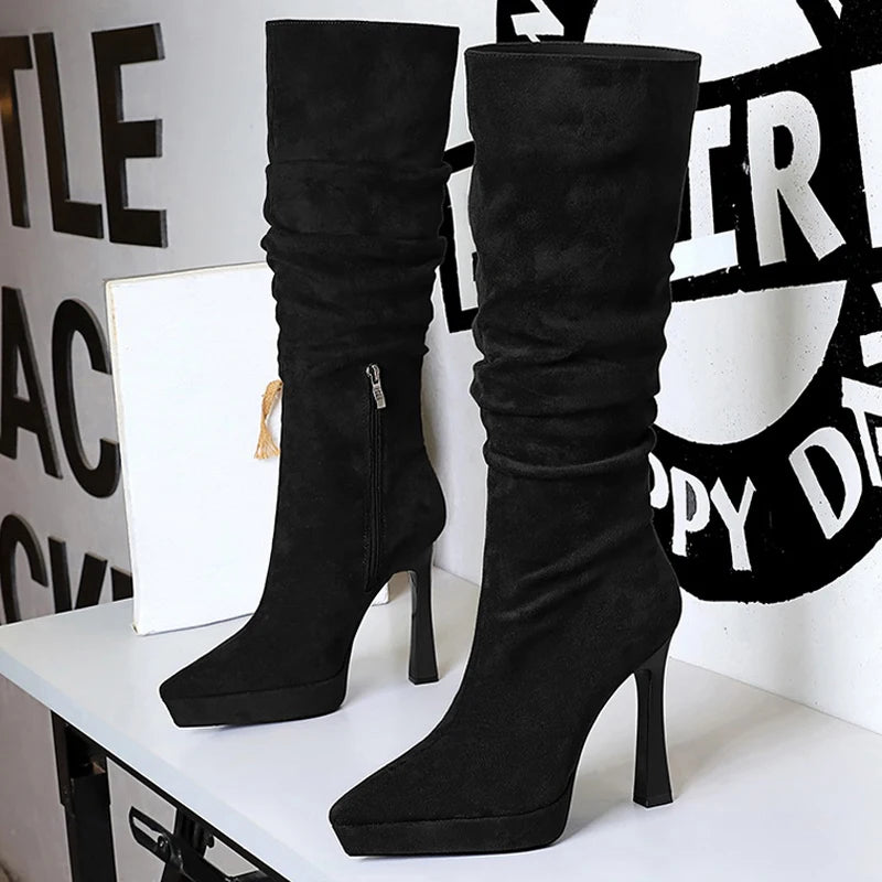 BIGTREE Shoes Women Knee-High Boots Pointed High-Heeled Boots Suede Women Boots Side Zipper Design Long Boots Platform Shoes
