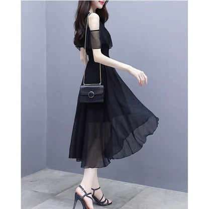 Women's Summer Chiffon Dress Korean Office Lady Graceful Casual Black Off-Shoulder Dresses 2025 New Fashion Clothing Female