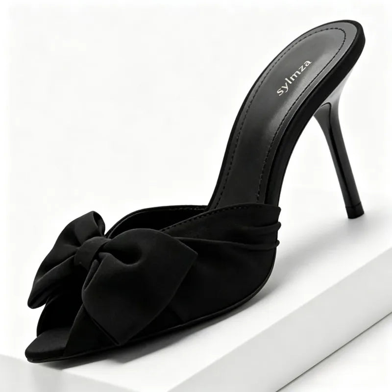 Black Butterfly Knot Decoration High Heel Slippers Women Sexy Peep Toe Slide Sandals for Ladies Summer Elegant  Heeled Sandals