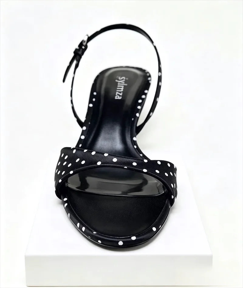 Luxury Satin Kitten Heel Women's Sandals Fashion Open Toe Back Strap High Heels Elegant Polka Dot Decoration Summer Casual Shoes