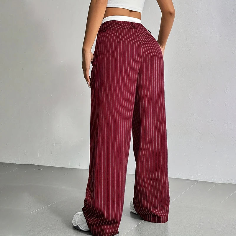 High Waist Stripe Printed Spliced Suit Trousers Women Casual Loose Straight Wide Pants Simple All-Match Draped Full Length Pants