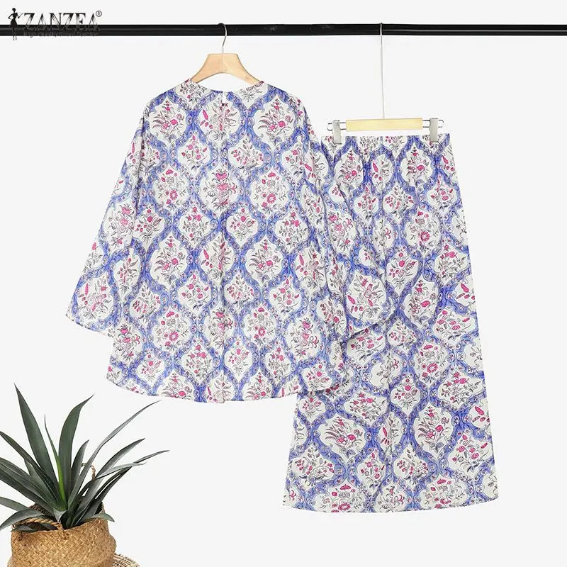 Fashion Women Muslim 2 Piece Sets ZANZEA Printed Outfits Bohemain Casual O Neck Long Sleeve Blouse Skirt Suit Hijab Tracksuit