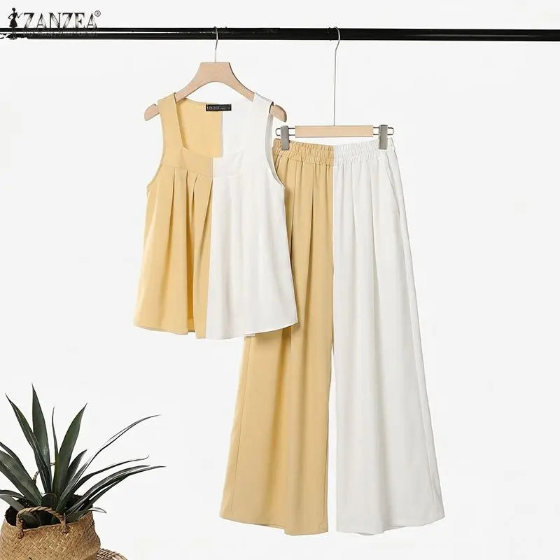 ZANZEA Women Streetwear 2 Piece Pant Sets Color-Blocked Tank Tops & Wide Leg Pants 2pcs Suits 2026 Summer Casual Chic Outfits