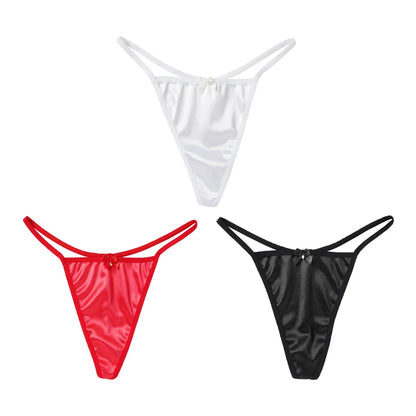 1/3Pcs Women Satin Thong Underwear Sexy Low Waist Bow G-string Cotton Crotch T-back Panties M-2XL