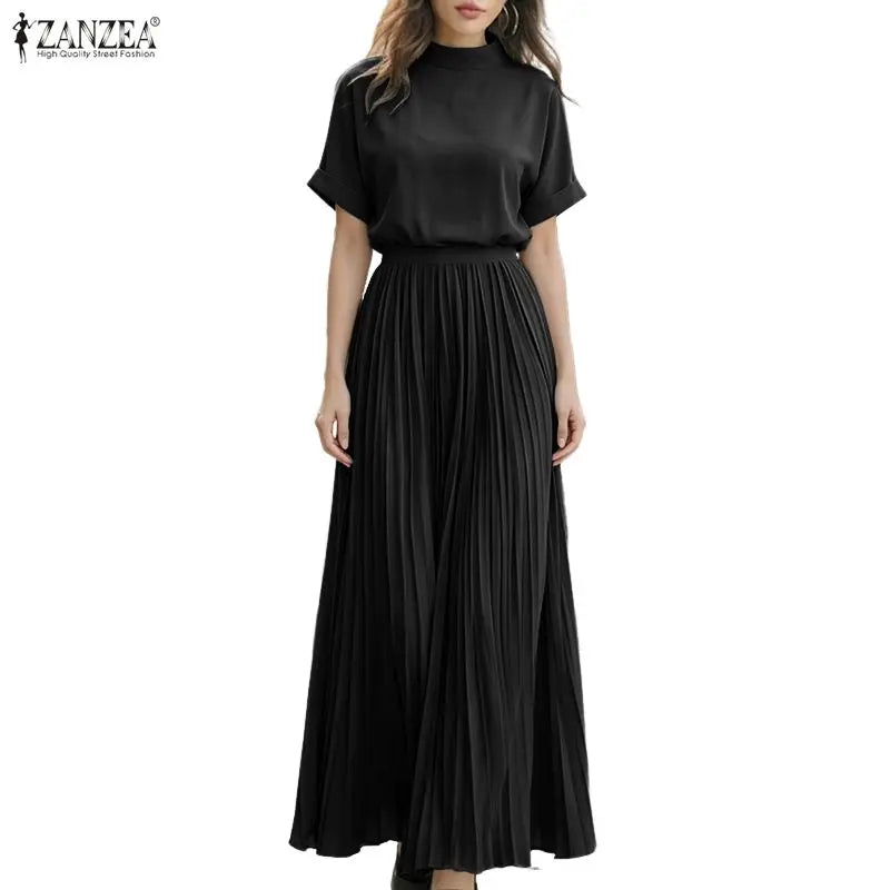 ZANZEA Women's Skirt Suits Mock Neck Short Sleeve Blouse & A-Line Pleated Maxi Skirt 2 Piece Sets Streetwear Skirt Sets Outfits