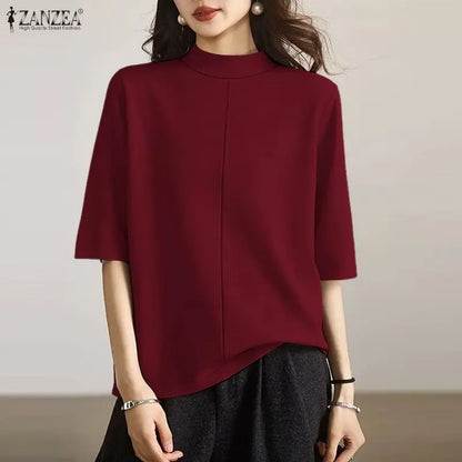 ZANZEA 2026 Minimalist Summer Woman T-Shirts Mock Neck Short Sleeves Seam Detail Solid Color Tees Casual Day Wear Tops 200G