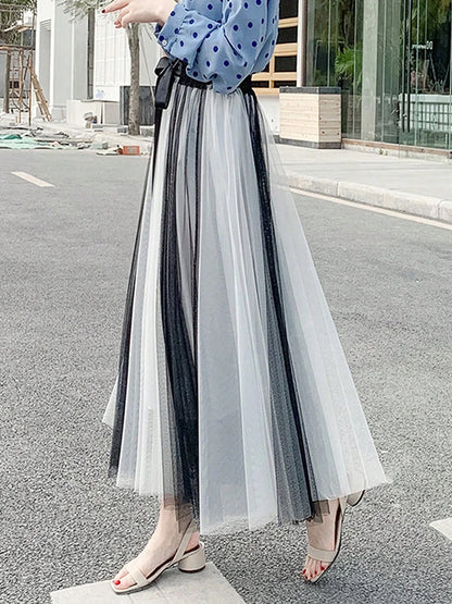 Hot Sale Summer Pleated Long Skirts A-line Elastic Waist Fairy Tiered Skirt Women 2 Layers Color Contrast Women's Skirts