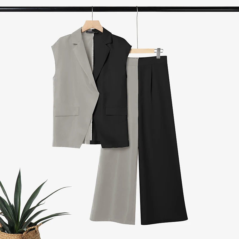 Stylish Summer Patchwork 2 Pieces Sets 2026 ZANZEA Women Pant Sets Sleeveless Irregular Tanks Tops Trousers Elegant Work Outfits