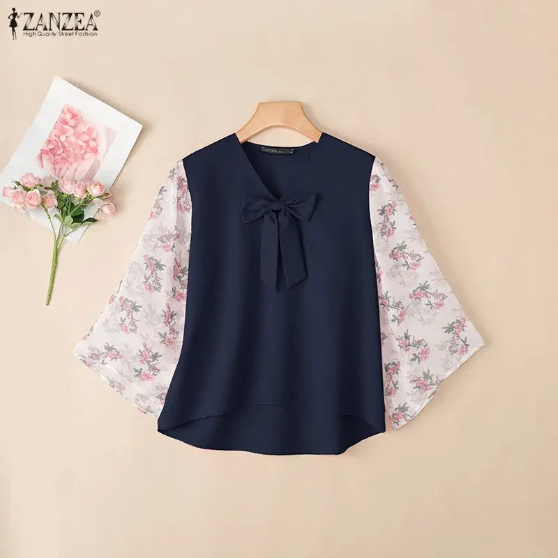 ZANZEA 2026 Women Bow Detail Blouses Elegant V-Neck Floral 3/4 Bell Sleeves Patchwork Tops Autumn Loose High Low Blusas Mujer