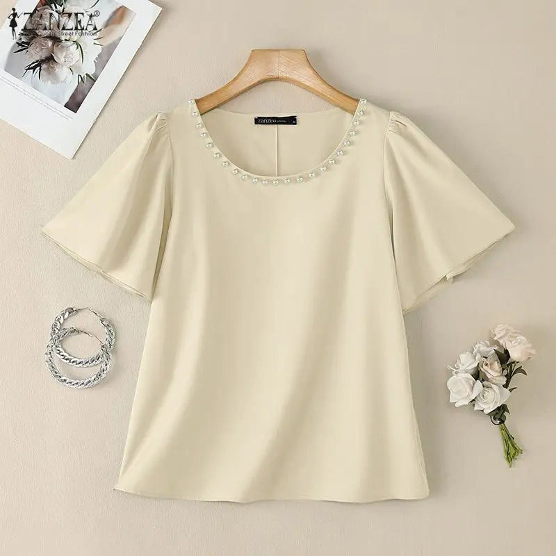 ZANZEA Women's Elegant Blouses Pearls Detailed O-Neck Short Sleeve Pullover Tops Summer Office Work Solid Color Blusas de Mujer
