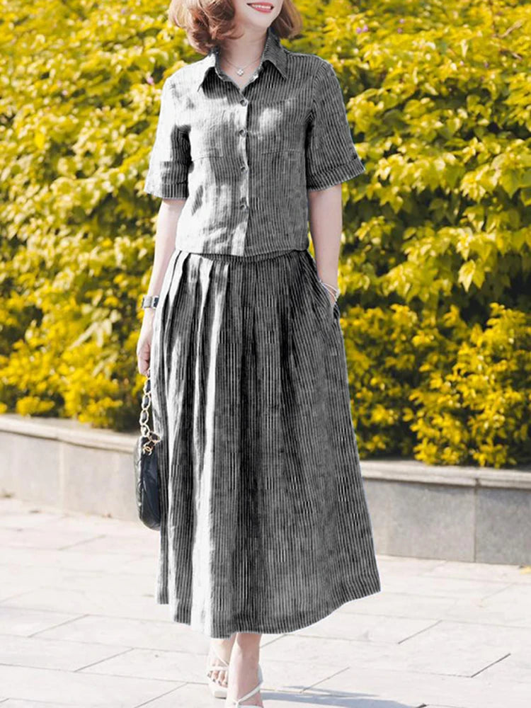 ZANZEA Stylish Office Women Outfits Summer 2 Piece Sets Elegant Lapel Neck Short Sleeve Shirt Midi Dress Sets Stripe Tracksuit