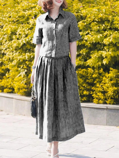 ZANZEA Stylish Office Women Outfits Summer 2 Piece Sets Elegant Lapel Neck Short Sleeve Shirt Midi Dress Sets Stripe Tracksuit