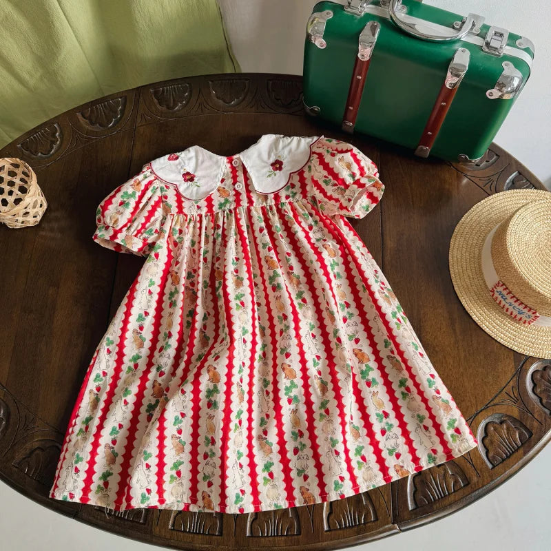 2025Girls' Summer New Floral Turn-down Collar Rabbit Embroidered Puff Sleeve Sweet Princess Dress