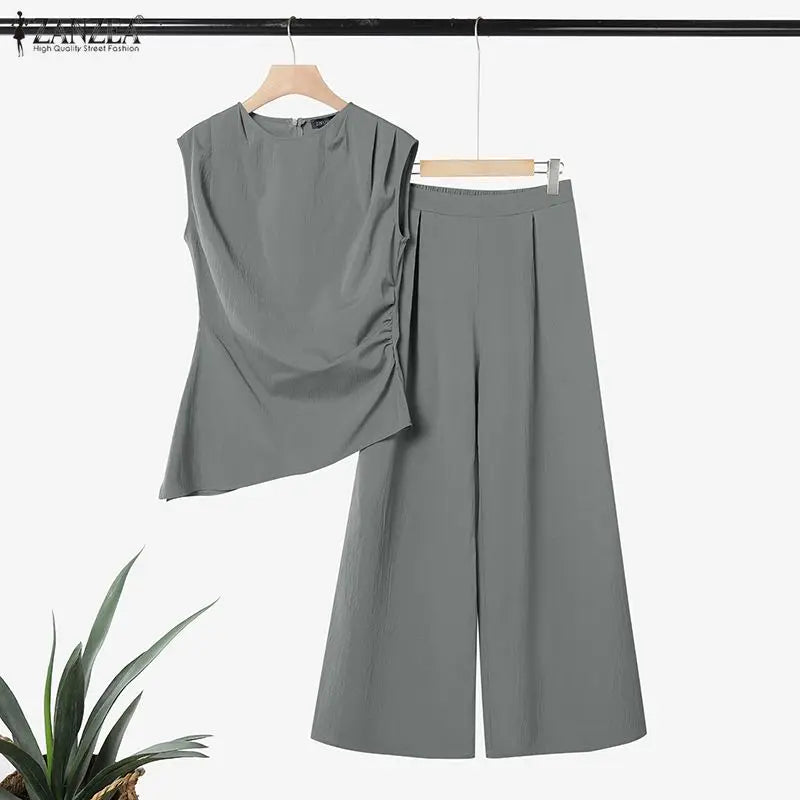 ZANZEA Fashion Summer 2 Pieces Sets Sleeveless Tanks Tops Pant Sets Women Elegant Solid OL Work Outfit Tracksuit Streetwear 2026