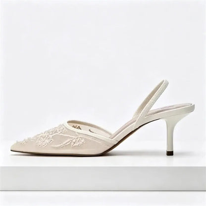 Elegant Mesh Embroidered Flowers Designer Heeled Sandals Women 2025 Summer Sexy Slingback Pointed Toe Thin High Heels Dress Shoe