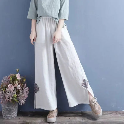 High Waist Straight Leg Cotton Linen Patchwork Embroidered Wide Leg Pants Spring Summer Casual High Waist Long Trousers