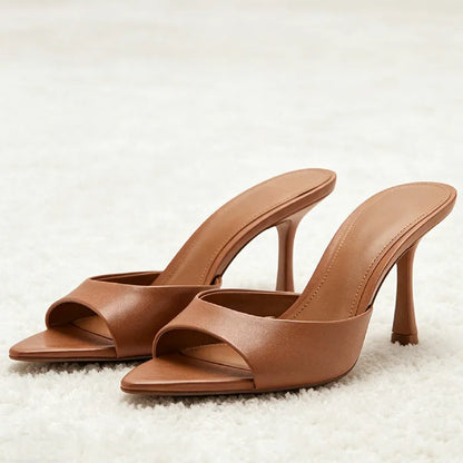 Sexy Pointed Toe Women's Slippers Summer Peep Toe Heeled Sandals for Ladies Elegant Women Shoes Luxury Designer Brown Sandals