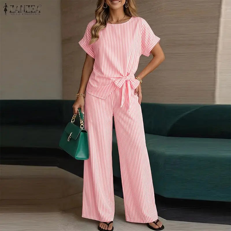 ZANZEA Summer 2PCS O Neck Short Sleeve Blouse Wide Leg Pant Sets Striped Work Tracksuit Fashion Women Outfits 2 Pieces Sets 2026