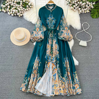 Spring Autumn Women's Dress Vintage Long Sleeve Print Floral High Waist Boho Party Maxi Vestidos Elegant Luxury Long Dresses