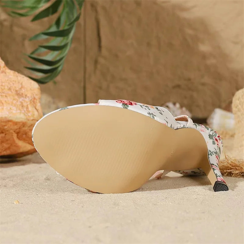 Fashion Floral Print Design Ankle Strap Heeled Sandals Women Sexy Open Toe High Heels for Ladies Summer Comfortable Dress Shoes