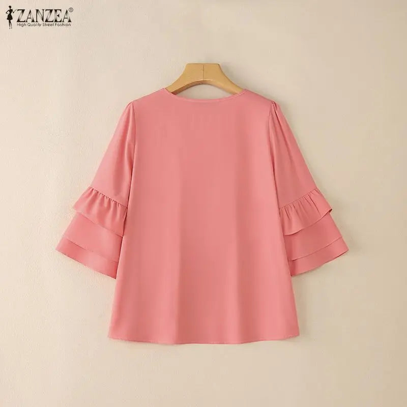 ZANZEA Women's Casual Solid Color Blouses Lace-Up O-Neck Pintuck Layered 3/4 Flared Sleeves Tops Spring Elegant Blusas de Mujer