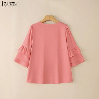 ZANZEA Women's Casual Solid Color Blouses Lace-Up O-Neck Pintuck Layered 3/4 Flared Sleeves Tops Spring Elegant Blusas de Mujer