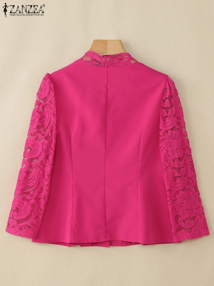 ZANZEA Elegant Womens Lace Patchwork Sheer Shirts Fashion 3/4 Sleeve Cinch-Waist Slim Fit Blouses 2025 Summer Blusas Streetwear