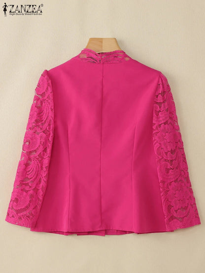ZANZEA Elegant Womens Lace Patchwork Sheer Shirts Fashion 3/4 Sleeve Cinch-Waist Slim Fit Blouses 2025 Summer Blusas Streetwear