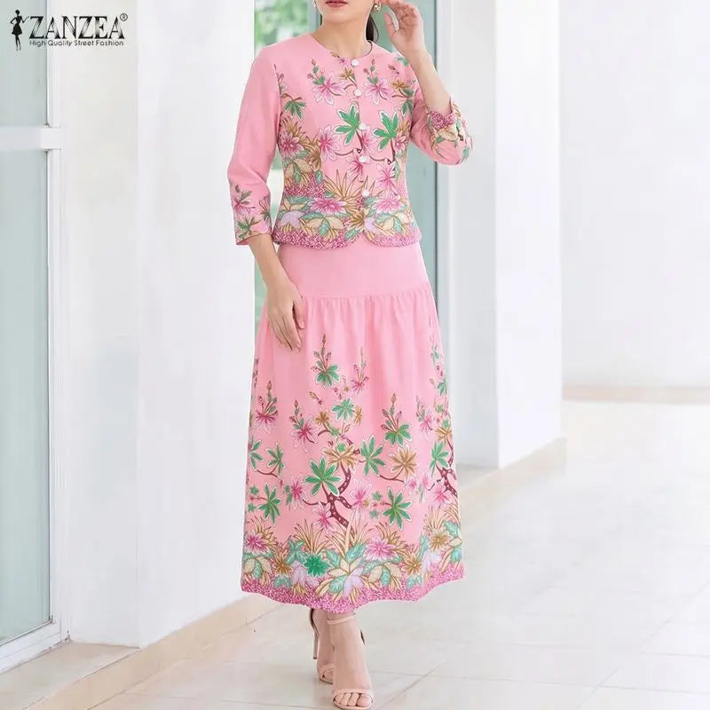 ZANZEA Women Elegant Floral Print 2 Piece Skirt Sets 3/4 Sleeve Short Top & A-Line Maxi Skirts Suits Autumn Matching Sets Outfit