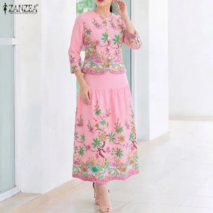 ZANZEA Women Elegant Floral Print 2 Piece Skirt Sets 3/4 Sleeve Short Top & A-Line Maxi Skirts Suits Autumn Matching Sets Outfit