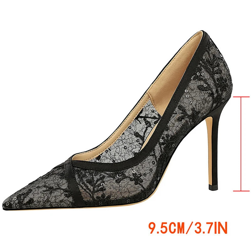 BIGTREE Shoes Mesh Hollow Lace Women Pumps Sexy High Heels Party Shoes Stiletto Heels 9.5 cm Luxury Banquet Shoes Ladies Pumps