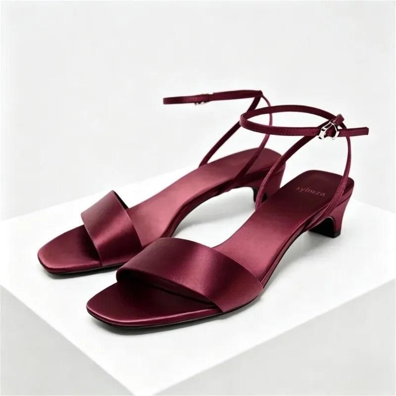Elegant Square Toe Ankle Strap Heeled Sandals Women Sexy Peep Toe Low Wide Heel Summer Shoes Cozy Satin Designer Shoes for Women