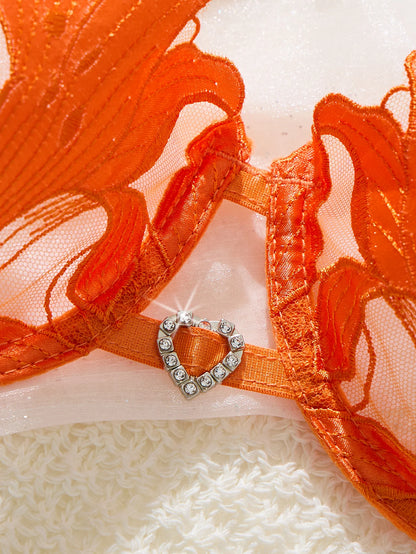 Orange Floral Embroidery Lingerie Set Satin Mesh Underwire Bra Thong Women Intimate Underwear Honeymoon Boudoir ZA824031