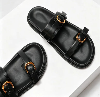 Fashion Open Toe Buckle Platform Sandal Round Toe Narrow Band Flat Sandals Women Summer Non-slip Comfortable Vacation Beach Shoe
