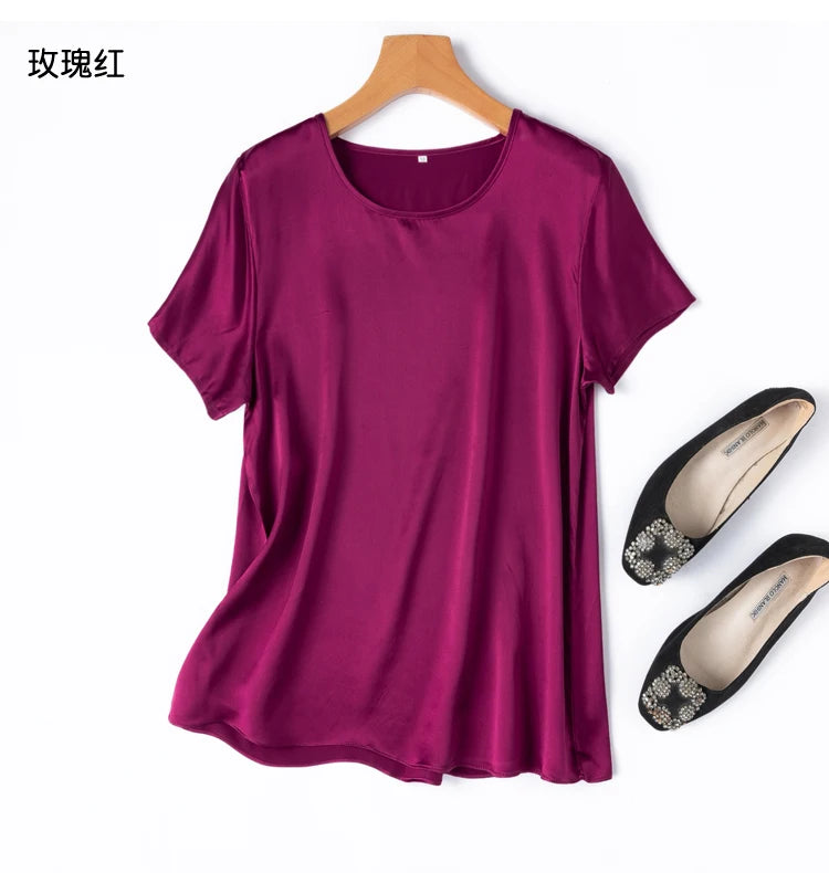 ZVAQS 100% Mulberry Silk T Shirts Woman Elegant Satin T Shirt 27 Colors High Quality Silk Summer Tops 2025 Women Clothing Топ