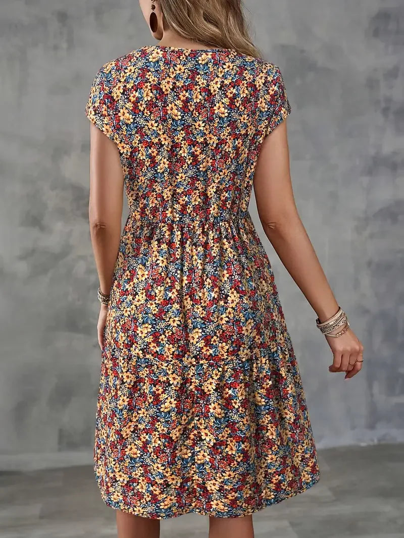 Women's Summer Floral Print Short-Sleeved Round Neck Dress, Casual Loose Vacation Style Dress