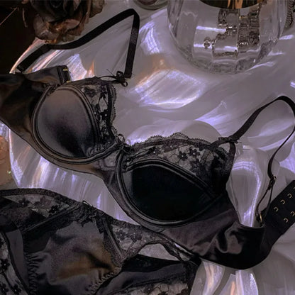 Sexy Lace Floral Bra Set Thin Section Breathable Small Breasts Gathered Collect Side Breasts Glossy Solid Color Underwear Set