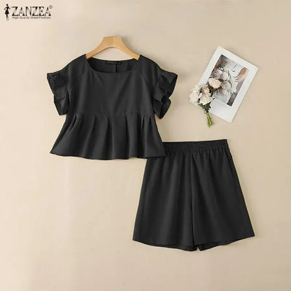 ZANZEA Korean Fashion Short Sets Women Square Neck Cropped Blouse & Elastic Waist Shorts 2 Piece Suits Summer Causal Outfits